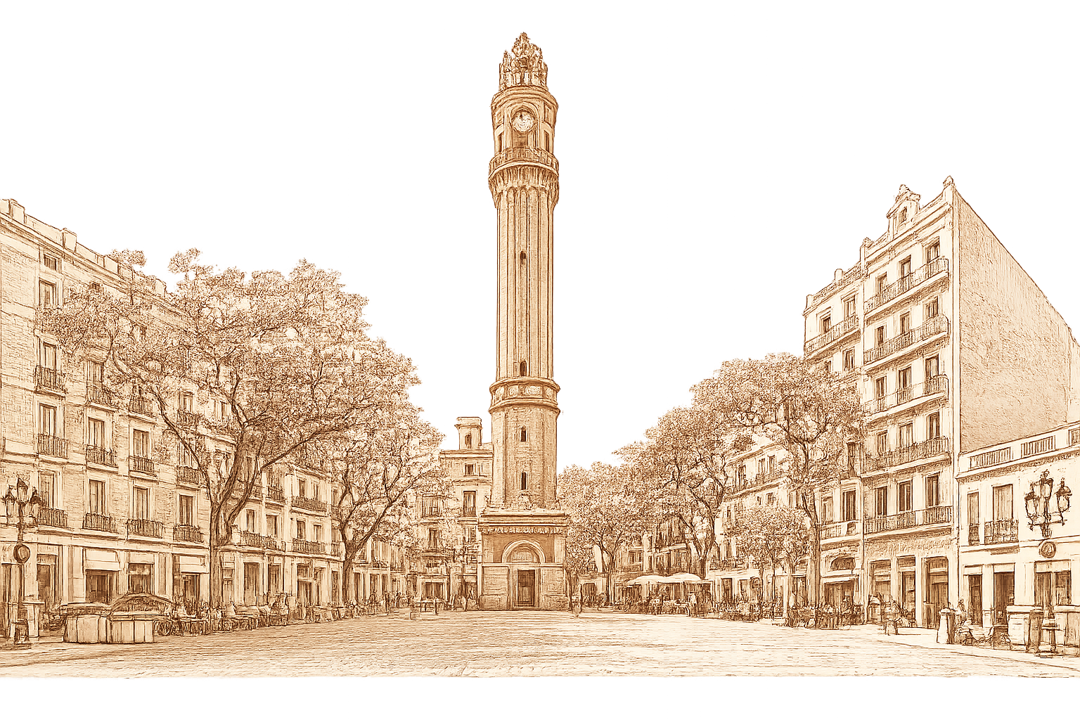 Terracotta line drawing of Park Güell entrance pavilions, Gràcia