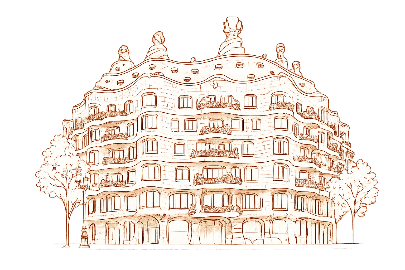 Terracotta line drawing of La Pedrera (Casa Milà) by Gaudí, Eixample Dreta