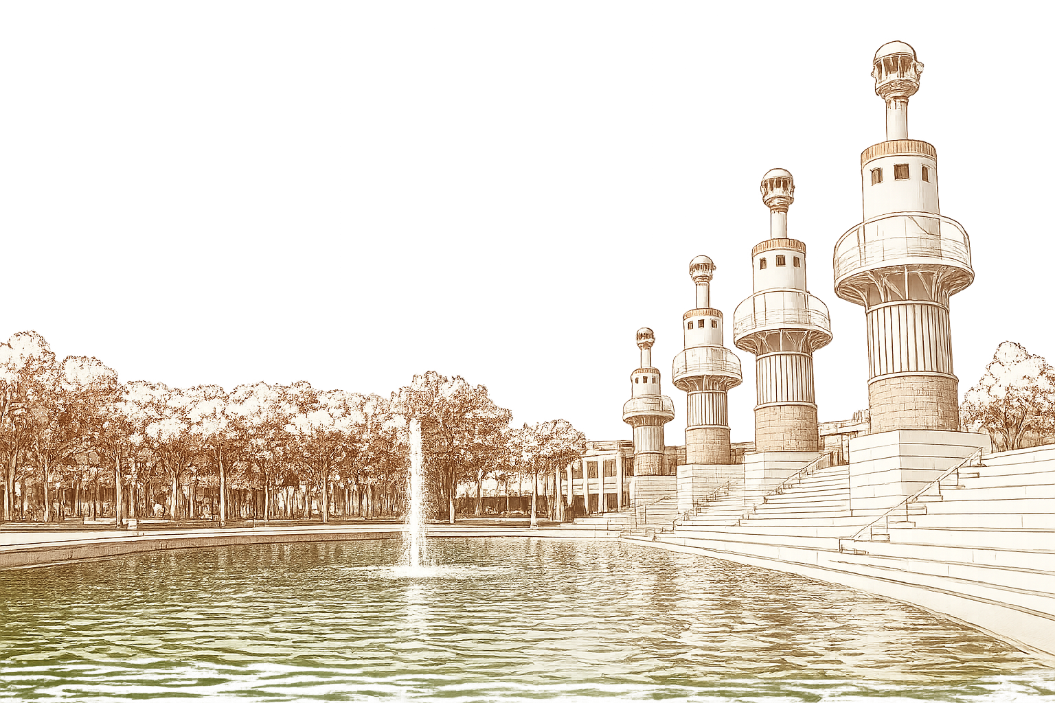 Terracotta line drawing of Parc de l'Espanya Industrial watchtowers, Sants